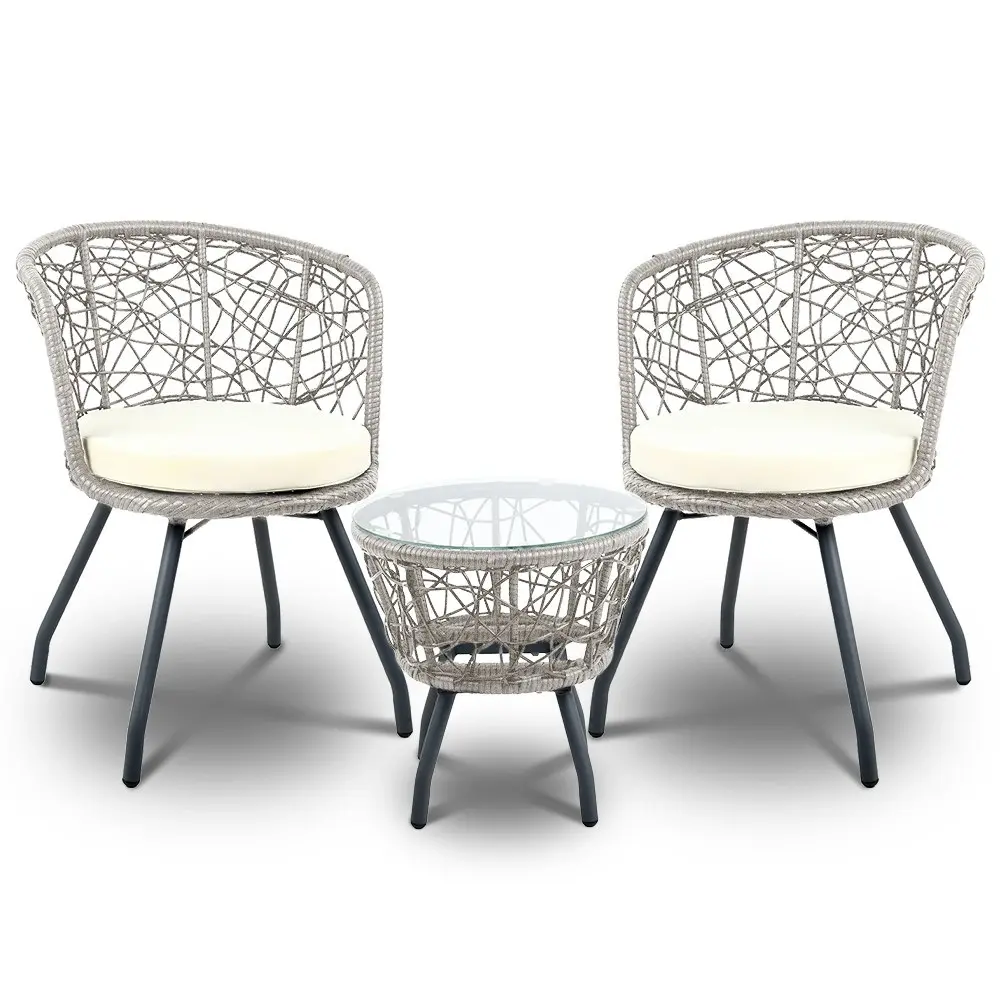 Gardeon 3PC Bistro Set Outdoor Furniture Rattan Table Chairs Patio Garden Cushion Grey