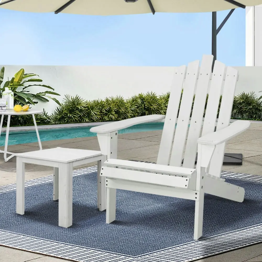 Gardeon 2PC Adirondack Outdoor Table and Chair Wooden Beach Chair Patio Furniture White