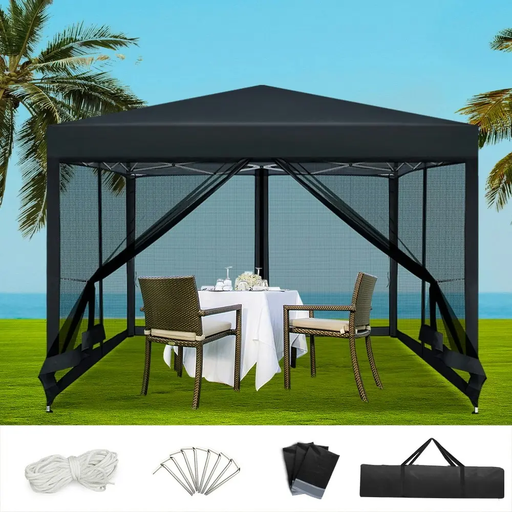 Instahut Gazebo Pop Up Marquee 3x3m Wedding Party Outdoor Camping Tent Canopy Shade Mesh Wall Black