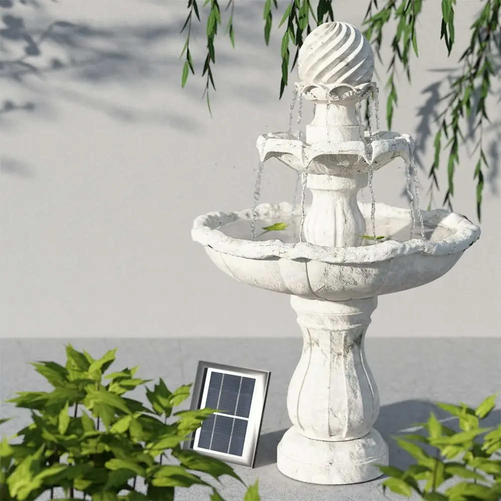 Gardeon Solar Water Feature 3-Tier Fountain with Pump Kit Bird Bath 93CM Ivory