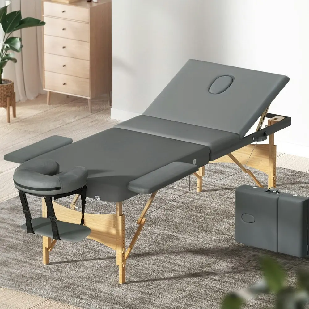 Zenses Massage Table 75cm Portable 3 Fold Wooden Beauty Bed Grey