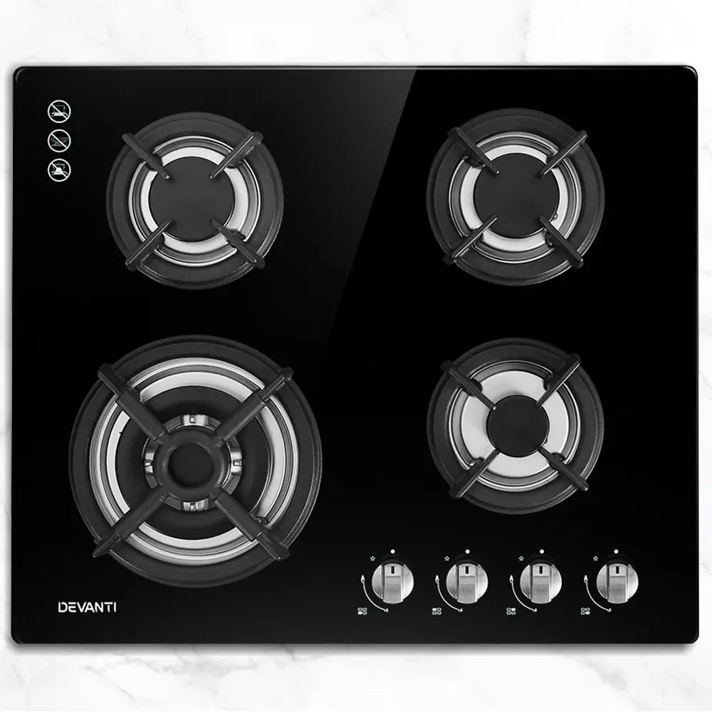 Devanti Gas Cooktop 60cm 4 Burner Black