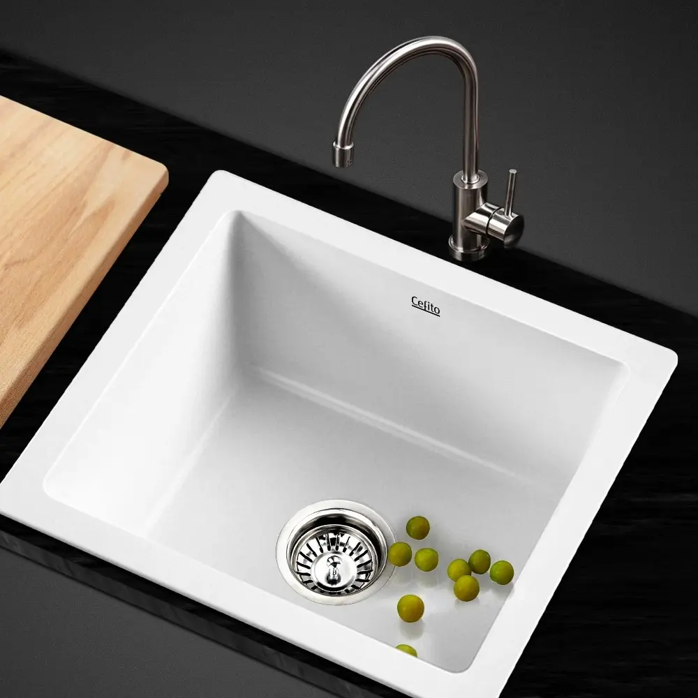 Cefito Kitchen Sink Stone Sink Granite Laundry Basin Single Bowl 46cmx41cm White