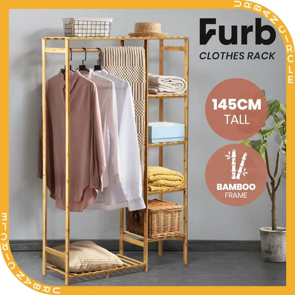 Furb Open Wardrobe Clothes Rail Rack Hanger Garment Bamboo Organizer Coat Shelf Stand Shoes Storage