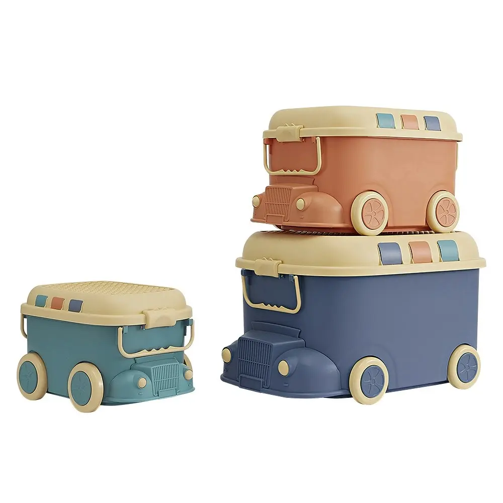 Juna 3PCS Toy Storage Box w Casters Cute Car Toy Container Kids Toys Organiser Stackable Snack Boxes