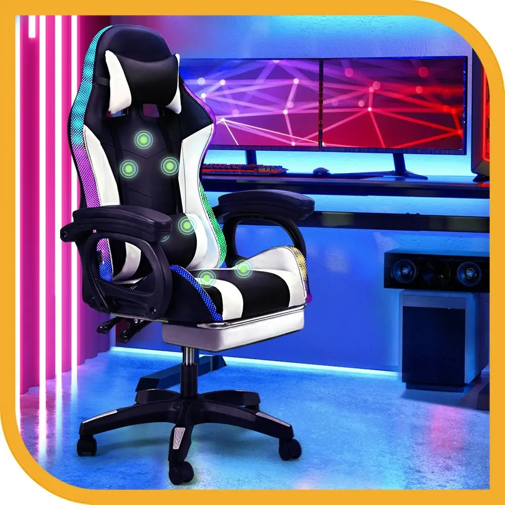 Furb Gaming Chair Computer LED Massage Seat Footrest Support White Office Chair