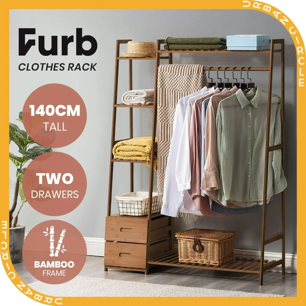 Furb Bamboo Open Wardrobe Clothes Rack Garment Coat Hanger Stand Closet Organiser With Drawer Shelf