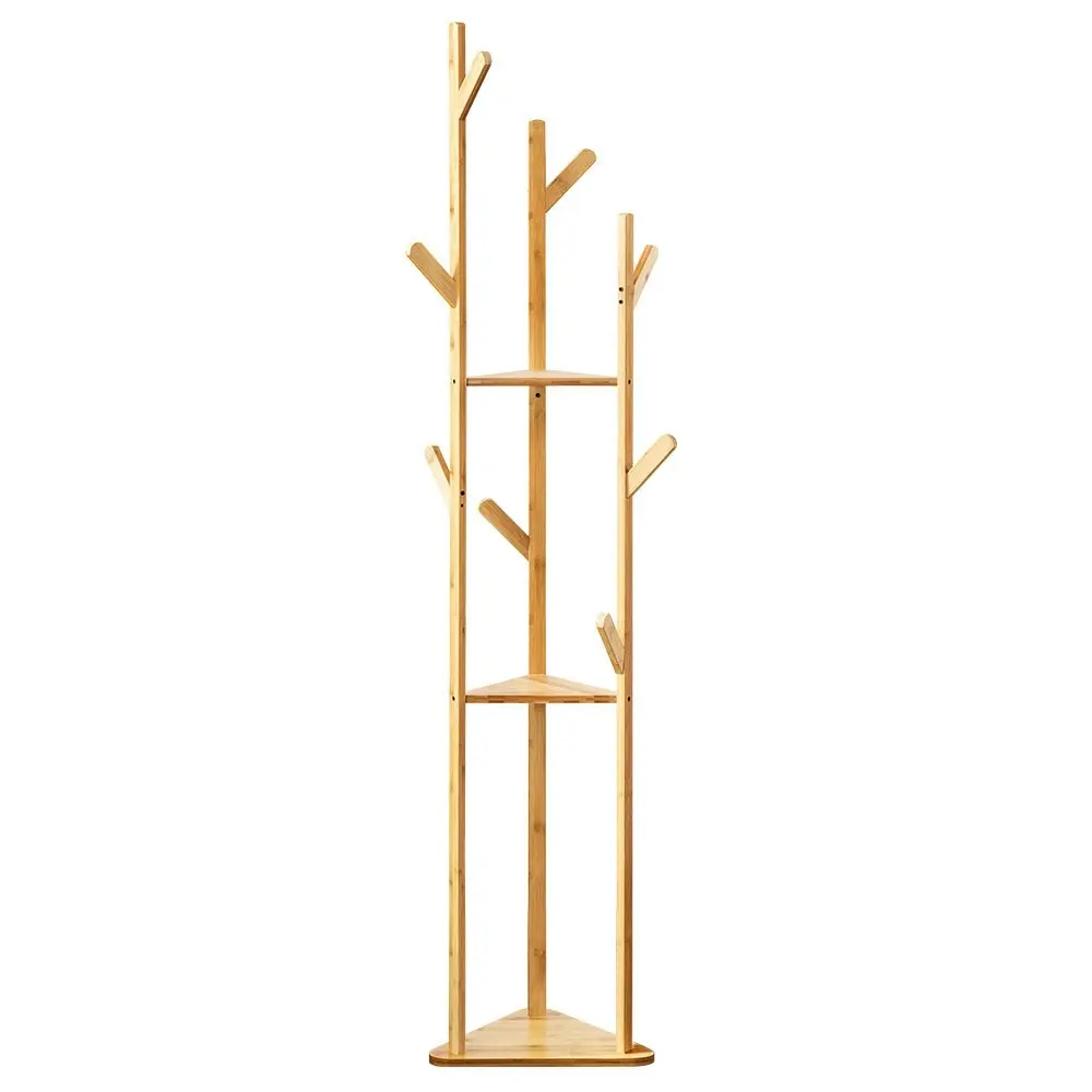 Furb Bamboo Coat Rack Hat Clothes Stand Hanger Garment 3 Layer 9 Hooks Tree Rail Organizer w Shelves