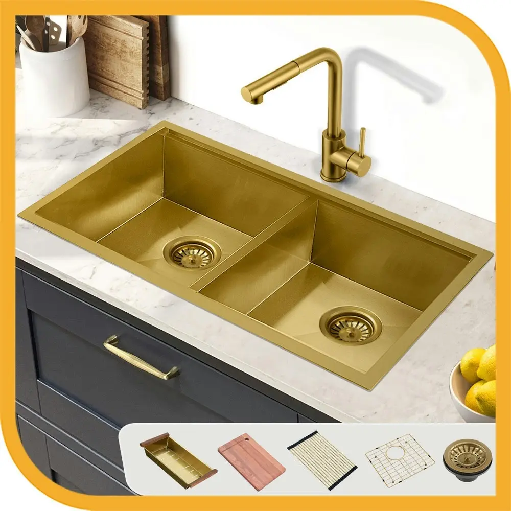 Simplus Stainless Steel Kitchen Workstation Sink 82x45CM Laundry Undermount Double Bowl Set Gold