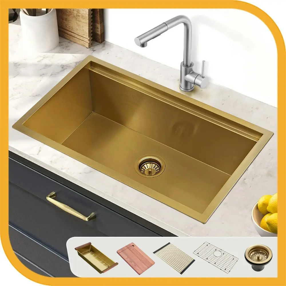 Simplus Stainless Steel Kitchen Workstation Sink 75x45CM Laundry Undermount Single Bowl Set Gold