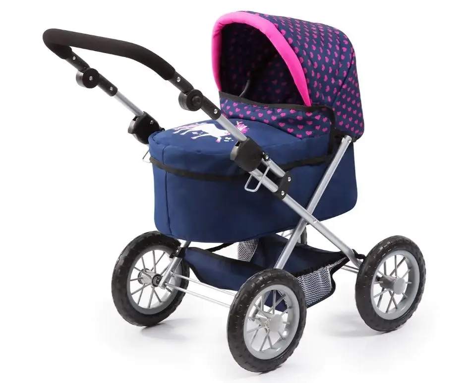 Xeo Compact Doll Pram - Dark Blue With Pink Heart Print