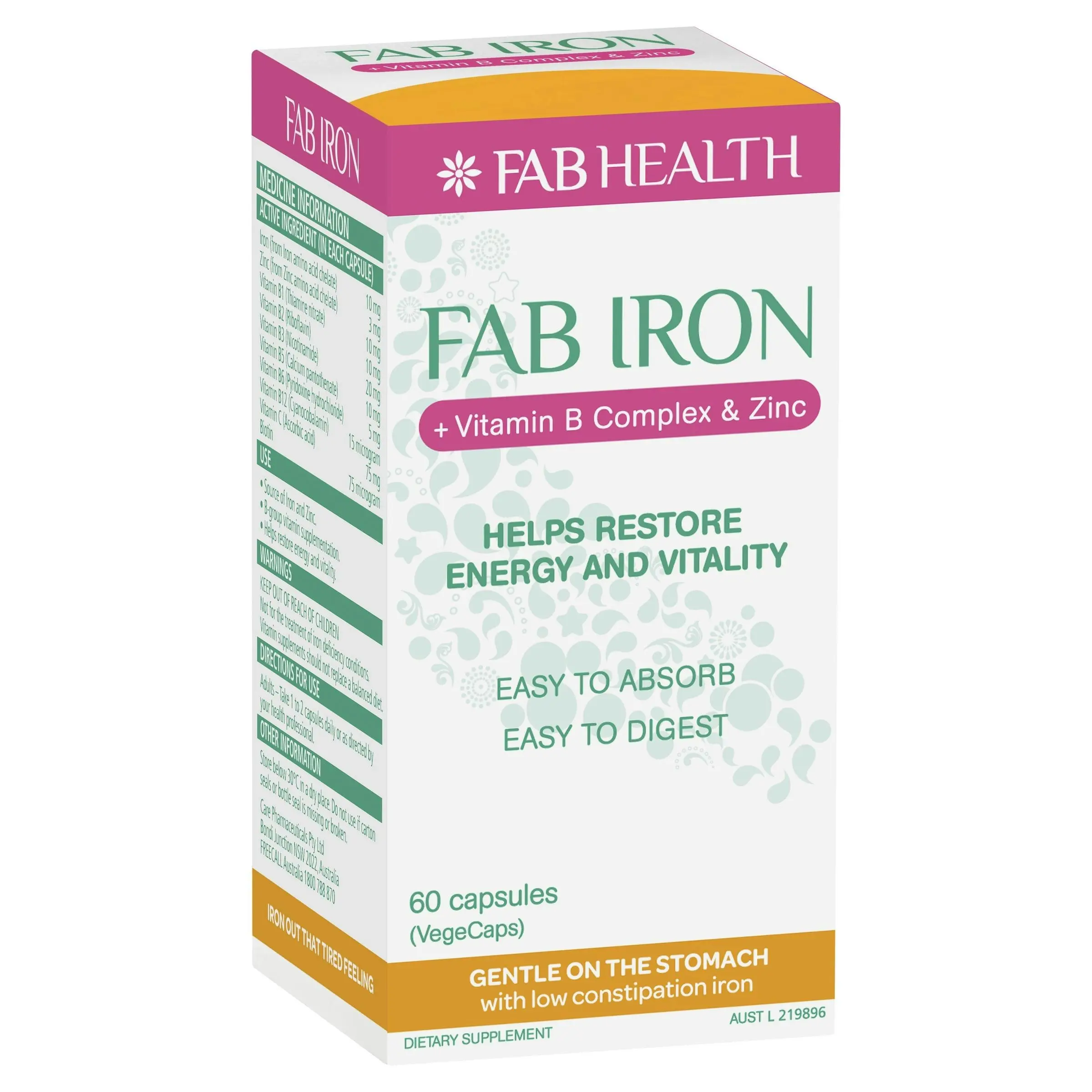 FAB Iron + Vitamin B Complex & Zinc 60 Capsules