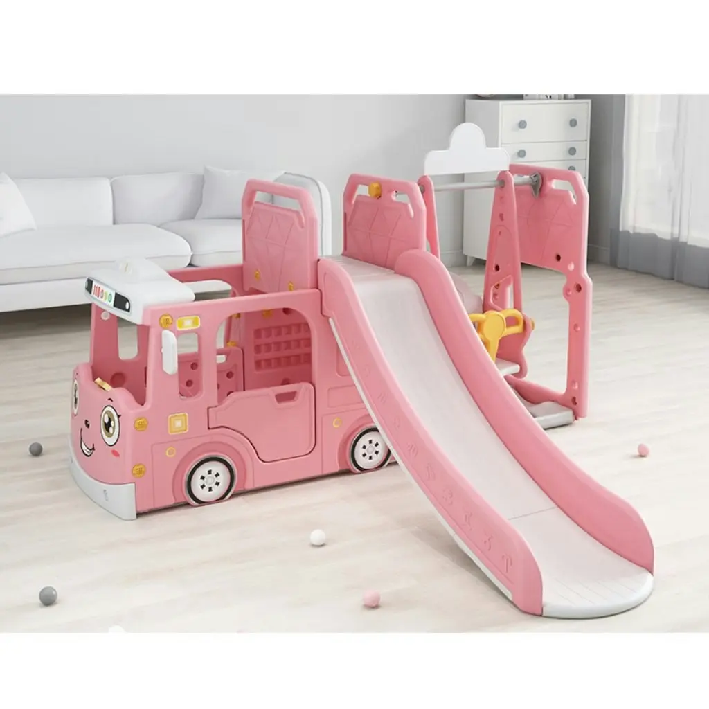 All 4 Kids Lucas  Baby Slider and Swing Play Center with Bus - Pink