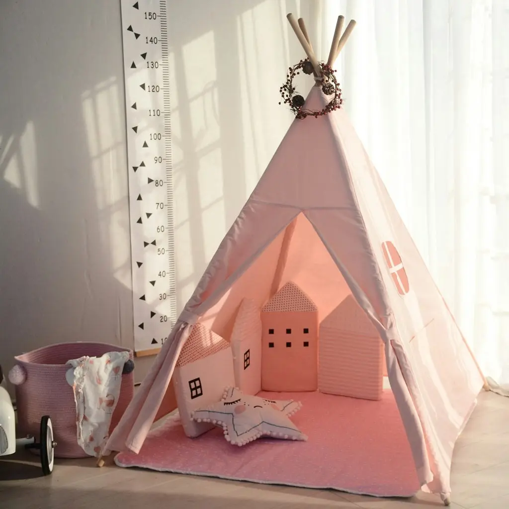 All 4 Kids Sofia Pink Cotton Canvas Kids Square Teepee Tent with Flag