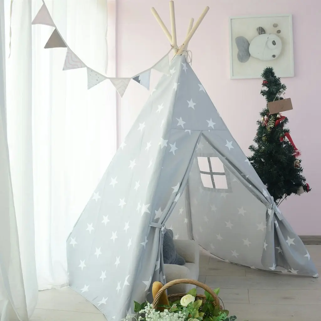 All 4 Kids Ethan Cotton Canvas Kids Grey Star Square Teepee Tent