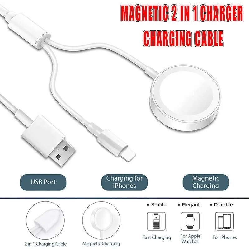 For Apple iPhone Watch iWatch 8 7 6 5 4 3 Magnetic 2 in 1 Charger Charging Cable