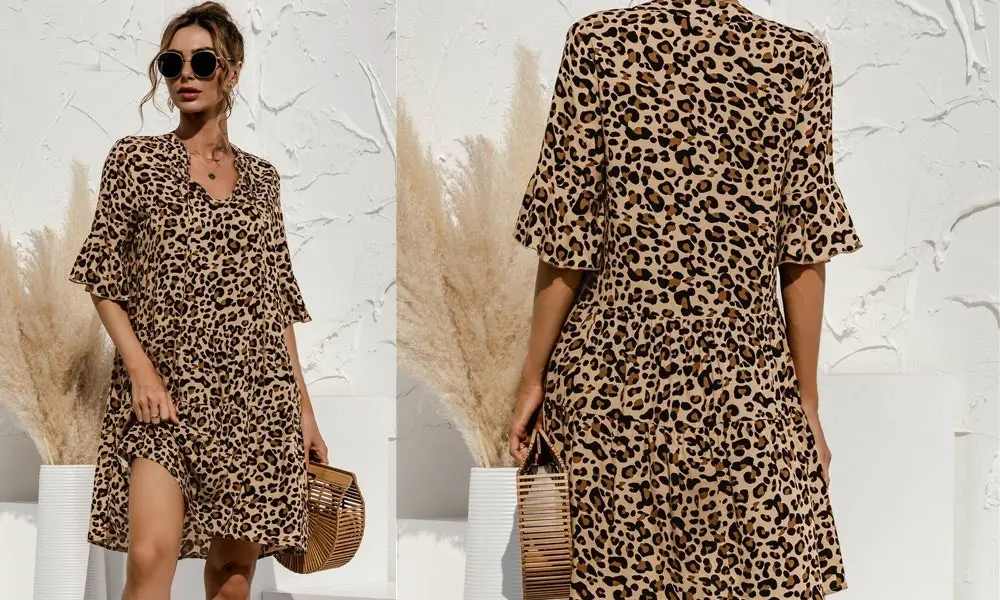 Women's Short Sleeve Dress - Brown Leopard