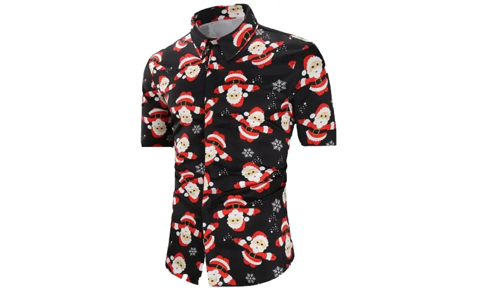 Men's Collared Short Sleeve Christmas Shirt - Black Santa