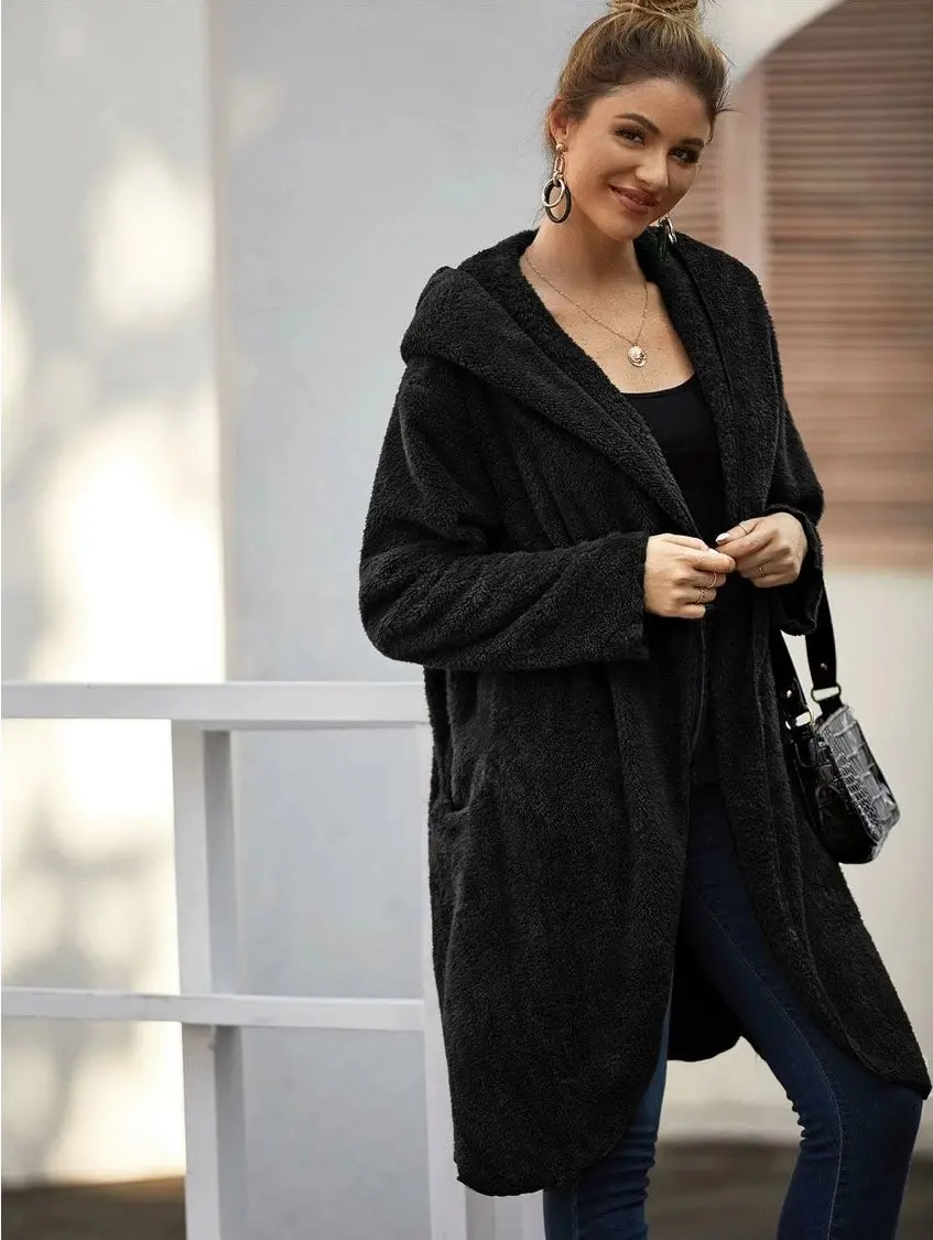 Women's Open Front Teddy Coat with Pockets - Black