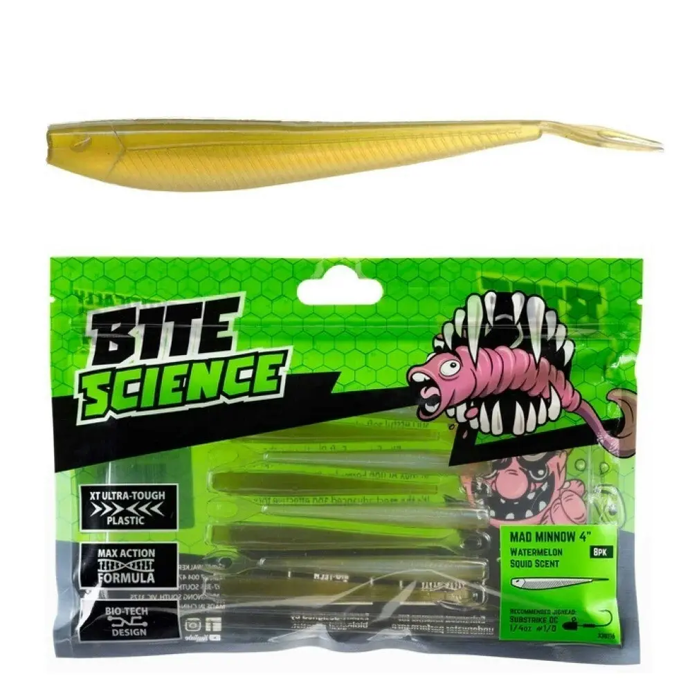 8 Pack of 4 Inch Bite Science Mad Minnow Soft Plastic Lures - Watermelon