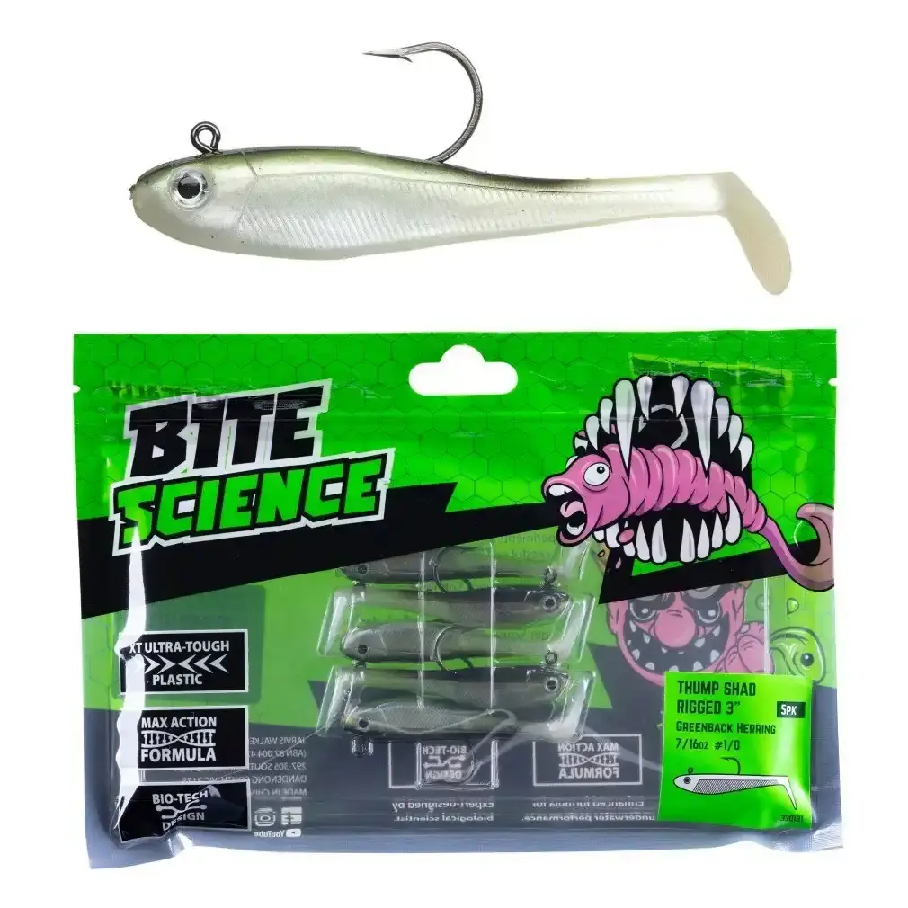 5 Pack of 3 Inch Bite Science Thump Shad Rigged Soft Plastics -Greenback Herring