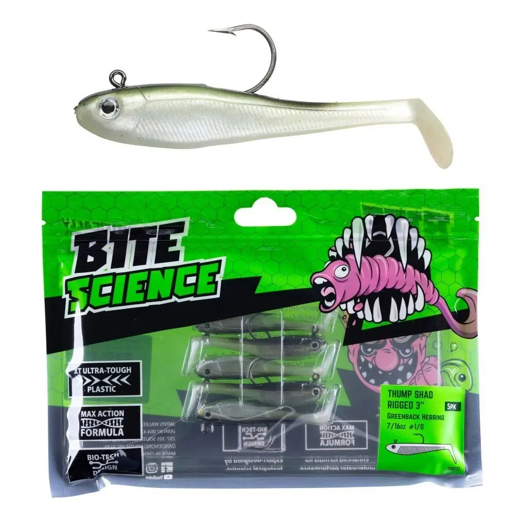 5 Pack of 3 Inch Bite Science Thump Shad Rigged Soft Plastics -Greenback Herring