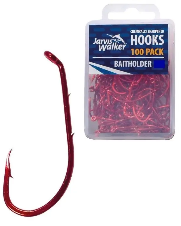 100 x Jarvis Walker Size 4 Baitholder Hooks - Red Chemically Sharpened Hooks