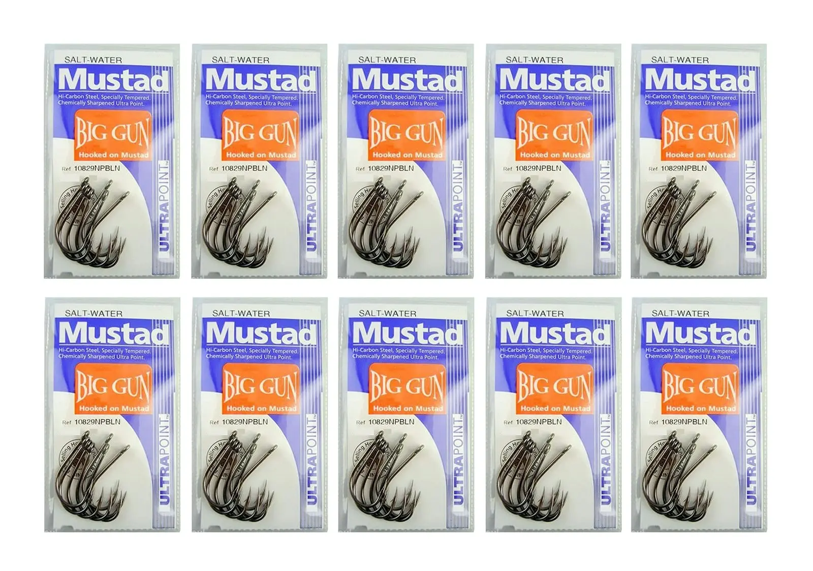 10 Packs of Mustad 10829NPBLN Big Gun Chemically Sharp Fishing Hooks