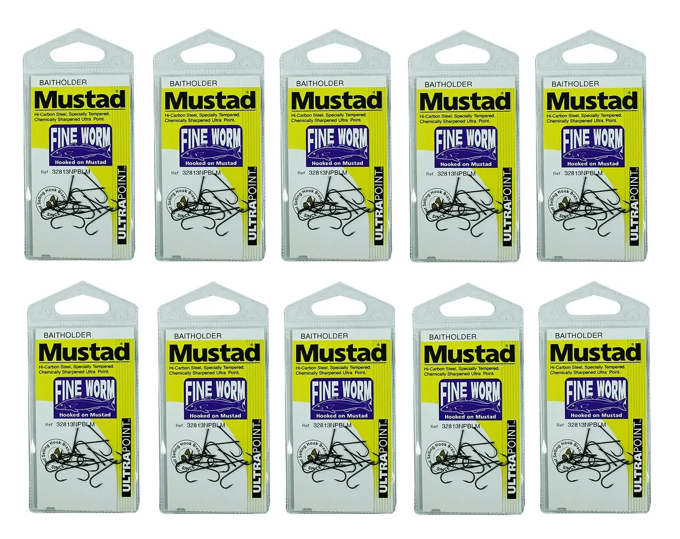 10 Packs of Mustad 32813NPBLM Fine Worm Chemically Sharp Fishing Hooks