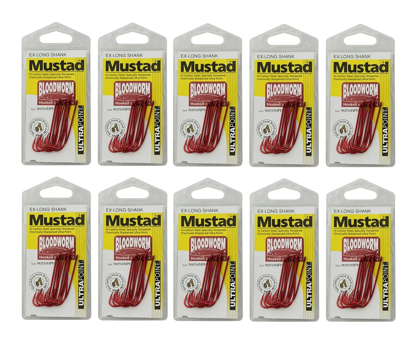 10 Packs of Mustad 90234NPNR Bloodworm Chemically Sharp Fishing Hooks