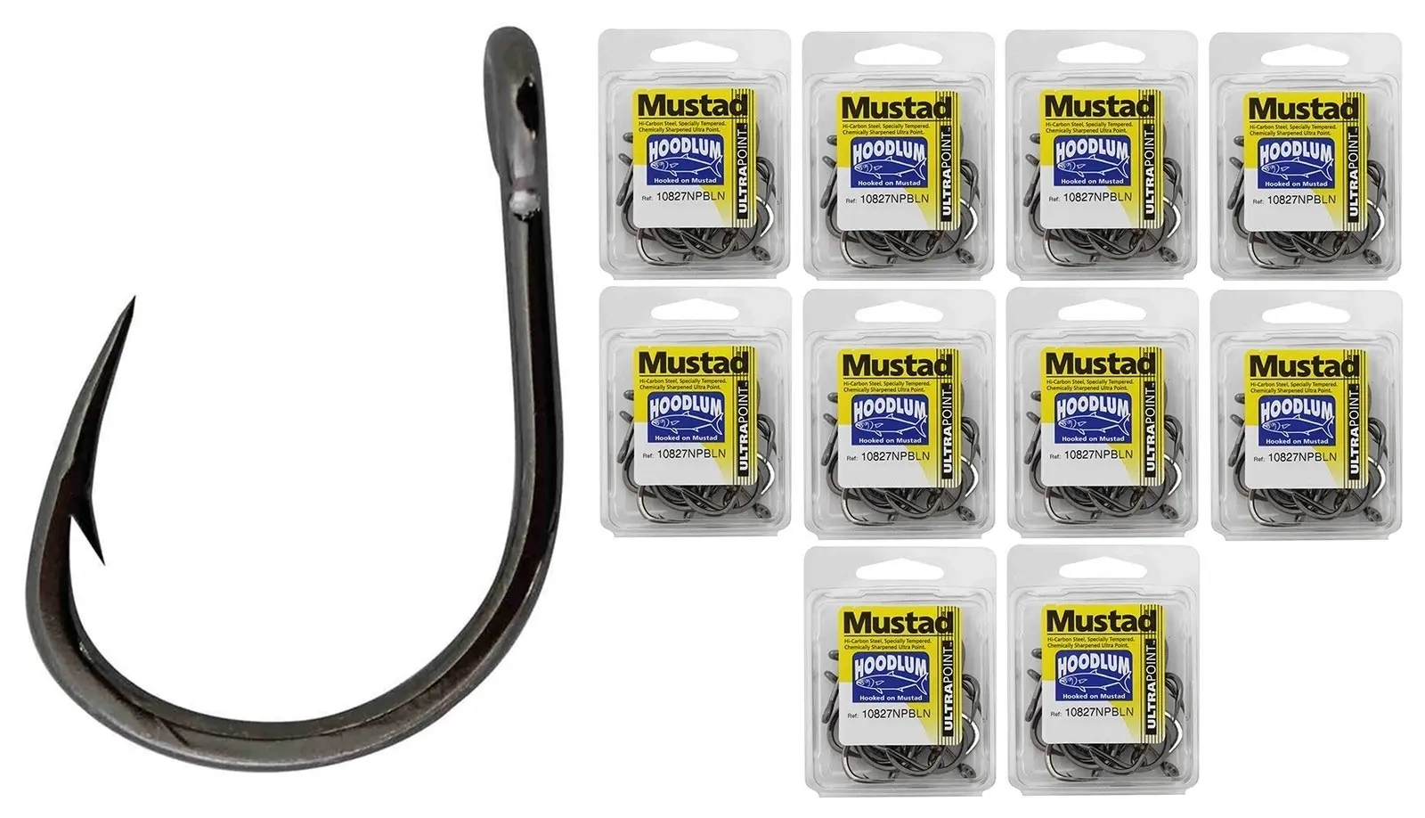 10 Boxes of Mustad 10827NPBLN Hoodlum 4x Strong Chemically Sharpened Fishing Hooks