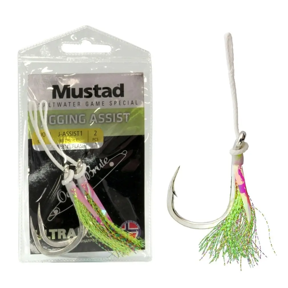 2 Pack of Mustad Green Flash Ocean Brute Jig Assist Hooks - Chemically Sharpened