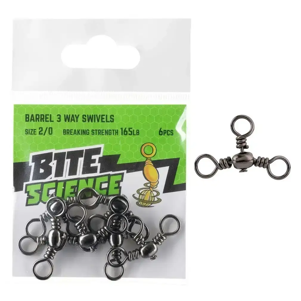 6 Pack of Size 2/0 Bite Science Black Barrel 3-Way Crossline Swivels - 165lb