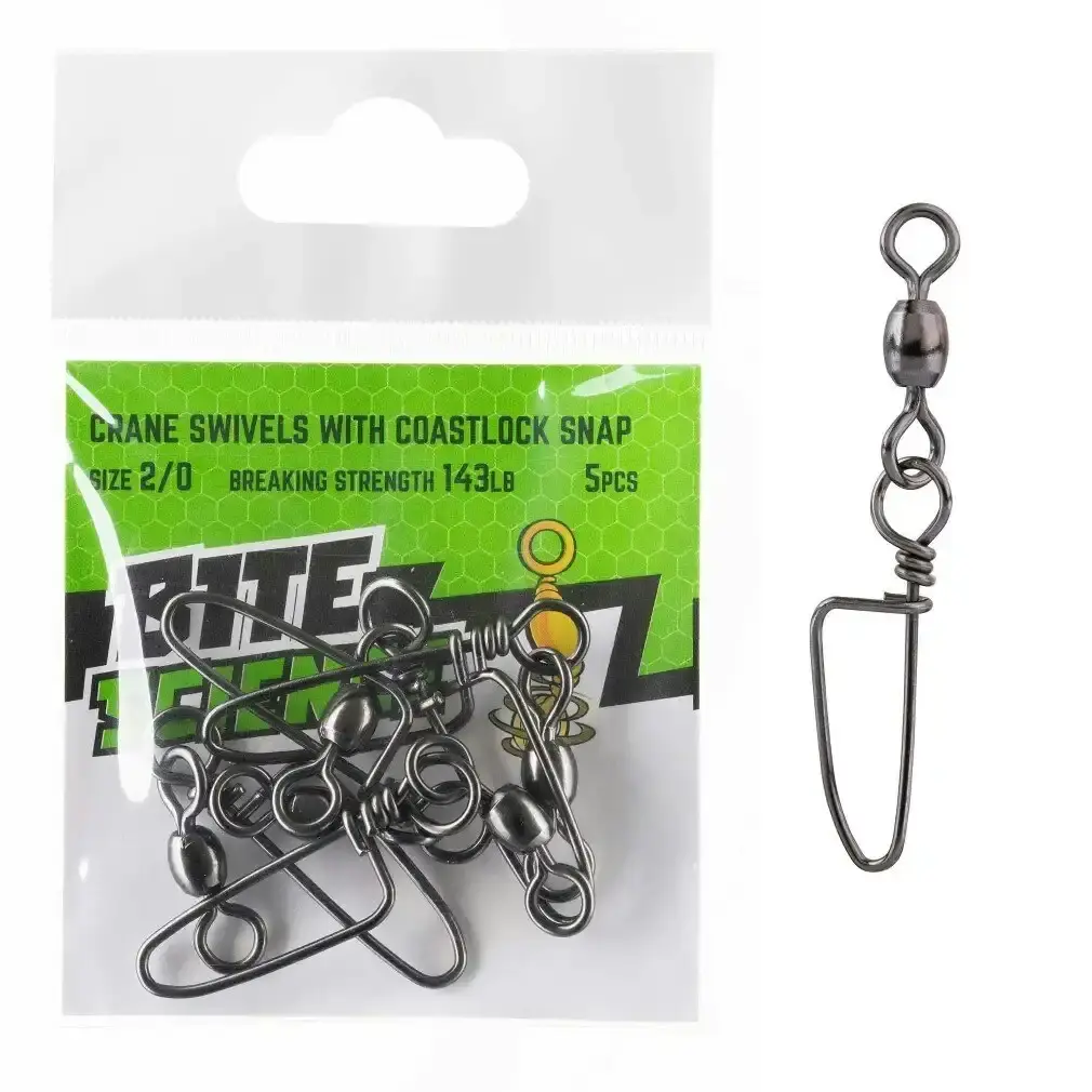 5 Pack of Size 2/0 Bite Science Black Crane Swivels with Coastlock Snaps - 143lb