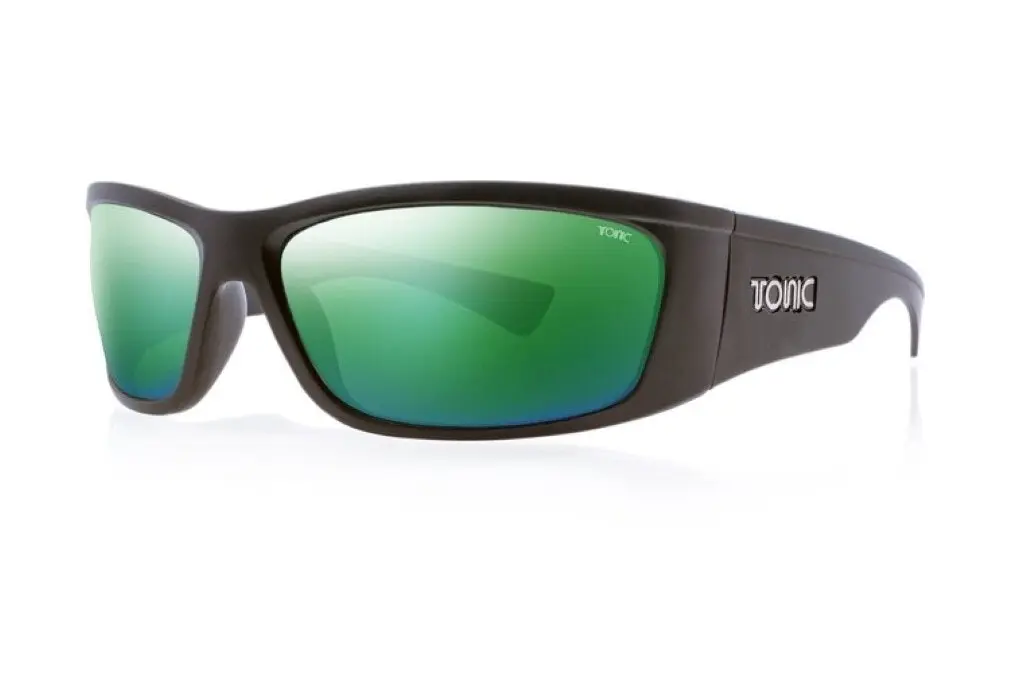 Tonic Shimmer Polarised Sunglasses with Glass Green Mirror Lens & Black Frame