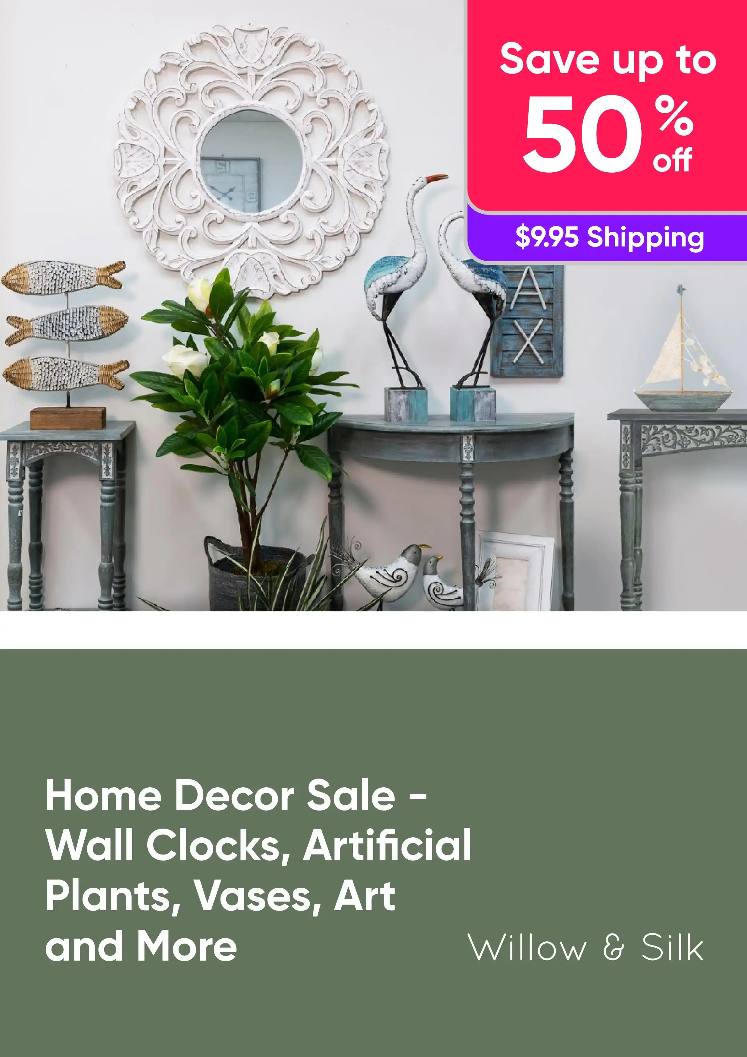 Home Decor Sale - Wall Clocks, Artificial Plants, Vases, Art and More